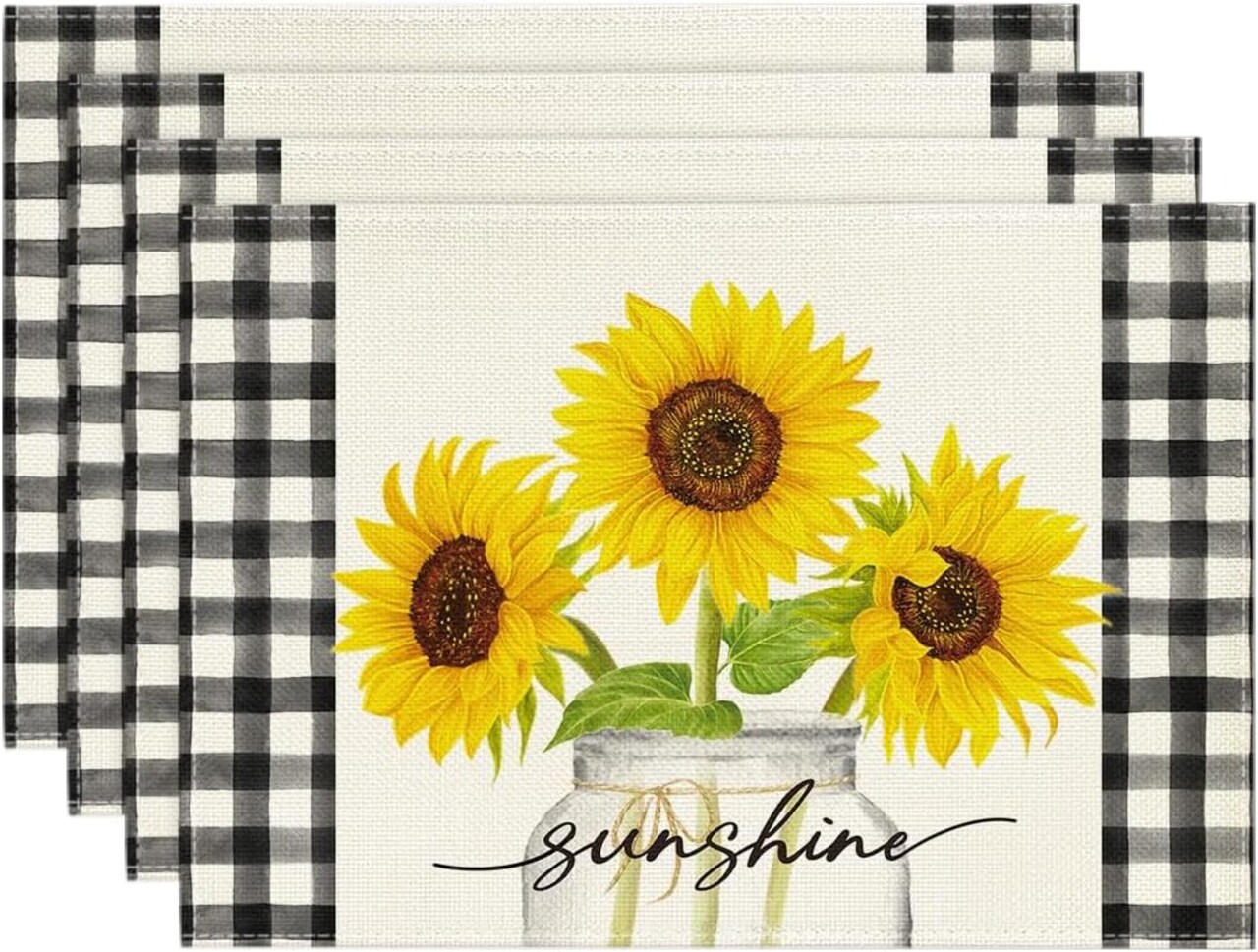 Buffalo Plaid Sunflower Sunshine Vase Summer Placemats Set of 4, 12x18 Inch Spring Table Mats for Party Kitchen Dining Decoration